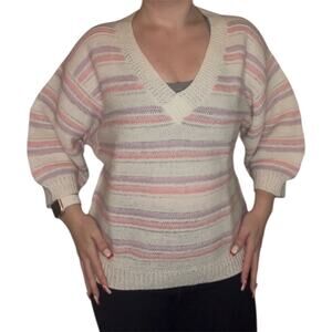 Pastel Striped Knit Sweater Balloon Sleeves Cozy Cottagecore Grandmacore Sz L-XL